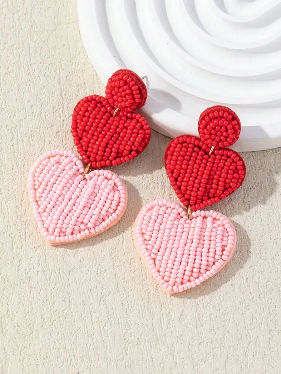 WinLeaf 1 Pair Handmade Valentine's Day Beaded Earrings, Exclusive Stylish Contrast Color 3D Double Heart Shape With Imported Rice Beads, Cute Festival Earrings Valentines,Mom,Mother,Mother's Day,Gift