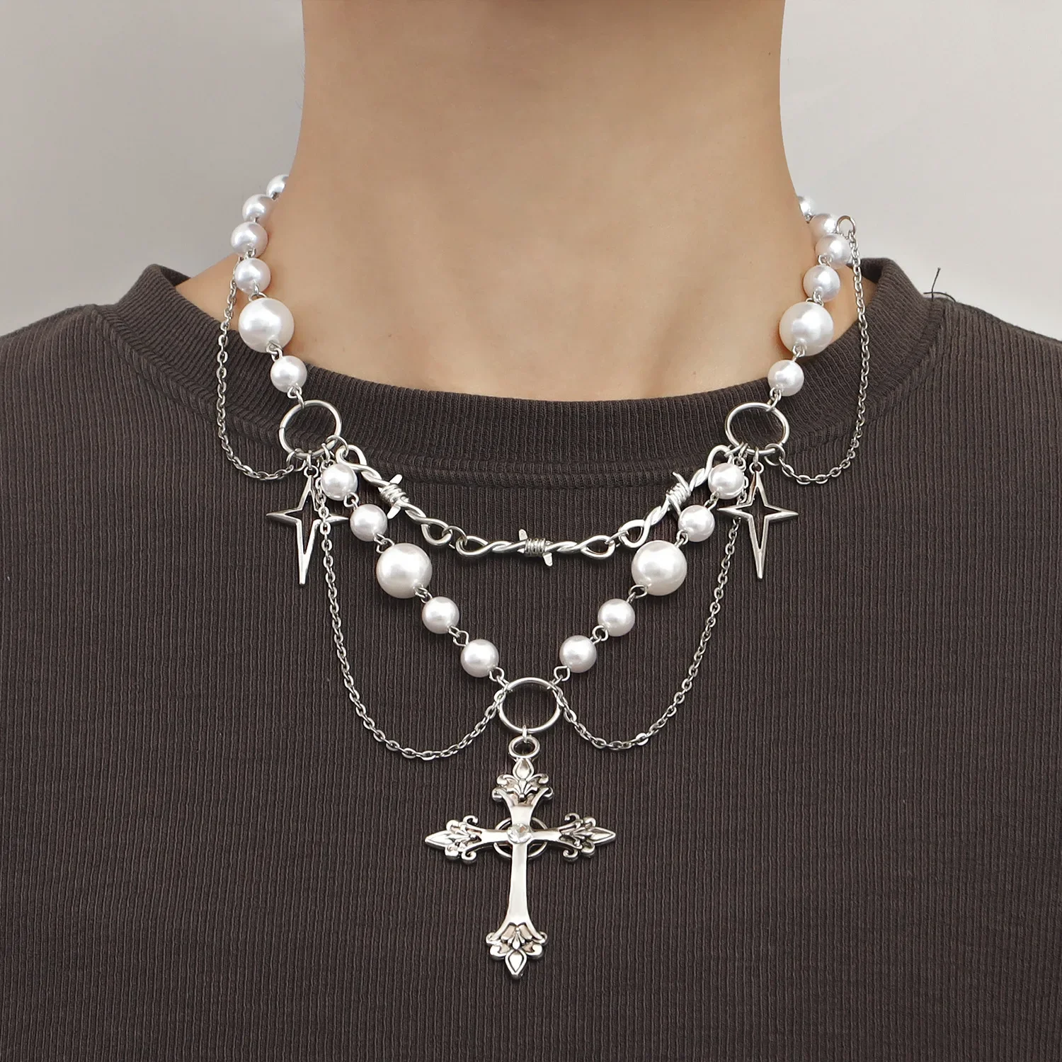 

Double Layer Necklace For MAN Pearl Tassel Cross Star Cross Clavicle Chain Jewelry Party Girls Accessories