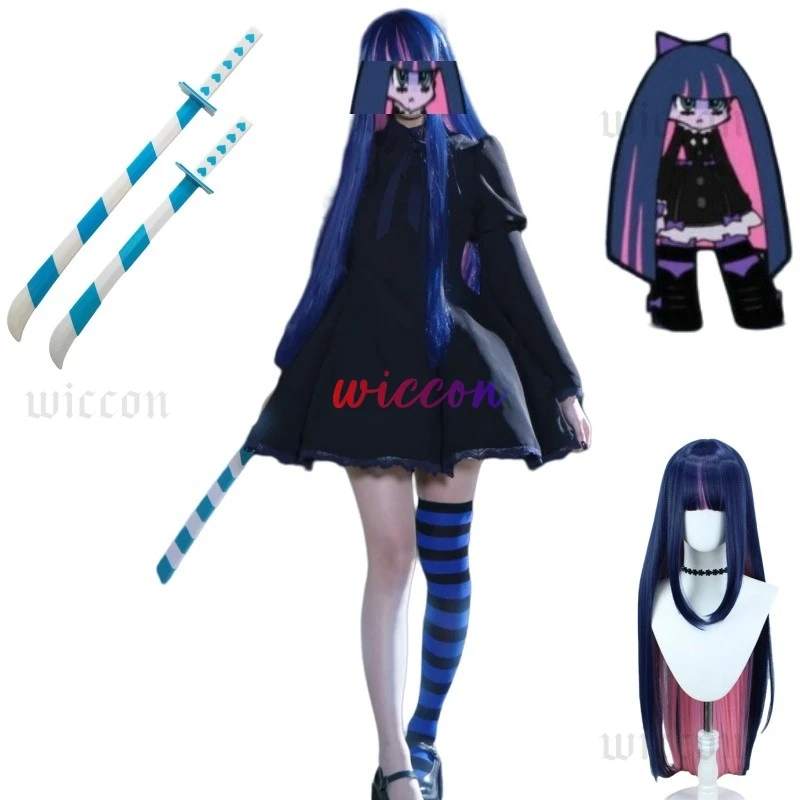 اللباس الداخلي والتخزين مع Garterbelt تخزين الفوضى تأثيري حلي فستان أسود موحد شعر مستعار طويل ربطة القوس فيونكة دبوس الشعر جوارب مخططة