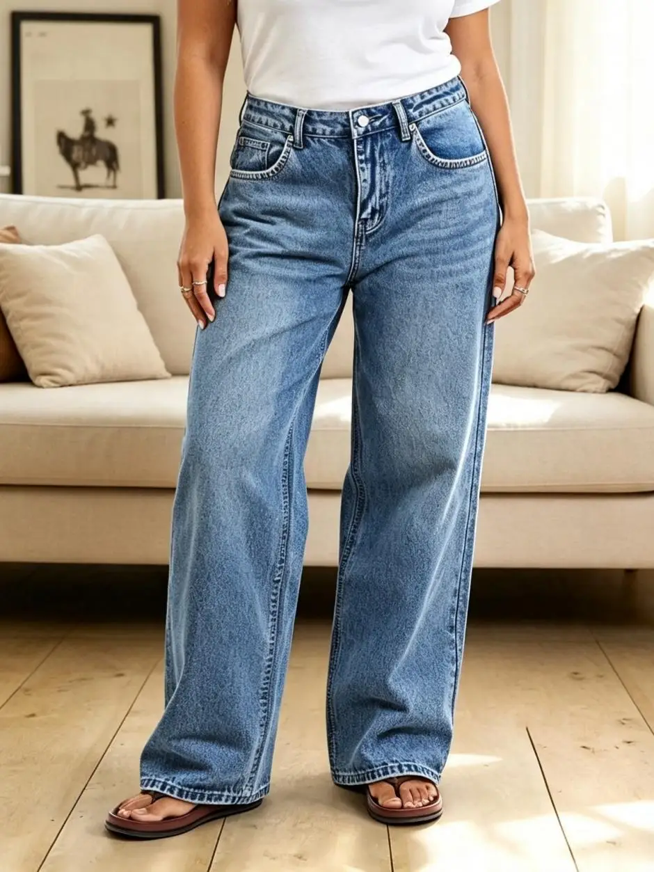 【HME】Jeans | Women High Waist Wide Leg Denim Pants, Vintage Stone Wash Baggy Denim Jeans, Decorative Stitch Front Pockets, Loose Fit Straight Pants, Classic Five‑Pocket Design For Casual Street Daily Outfits