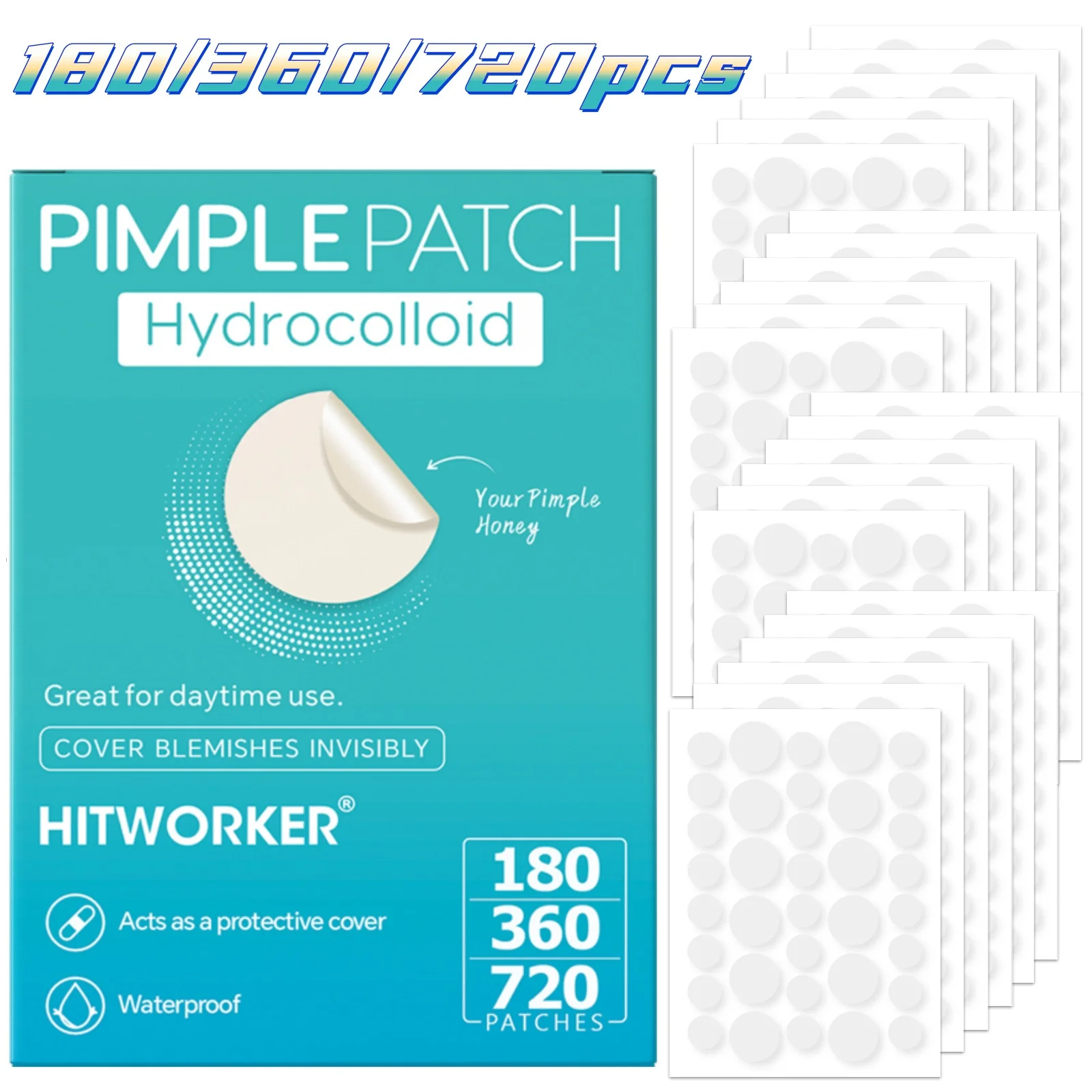 180/360/720 Pcs HITWORKER Acne Patches Set, Hypoallergenic Spot Stickers, Invisible Blemish Coverage, Waterproof