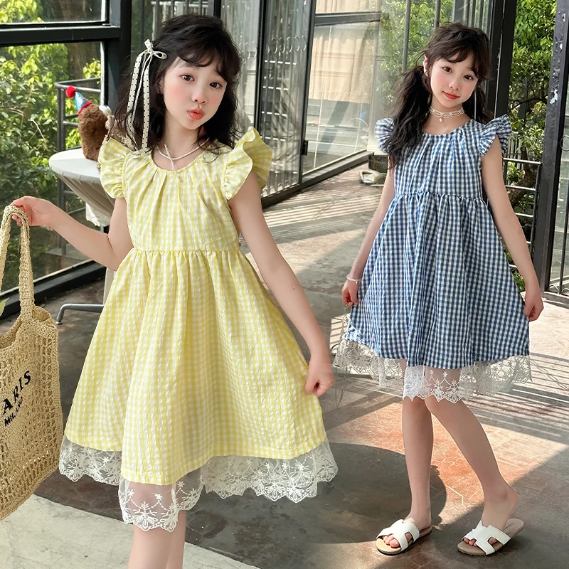 Girls Princess Dress Fashion Children Plaid Dress Kids Flying Sleeves Party Clothes Cotton Summer New Little Dress