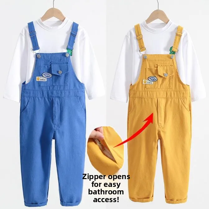 綿オーバーオール男の子と女の子用春秋ハイウエストジッパーロングパンツカジュアルストライププリント韓国スタイル子供服