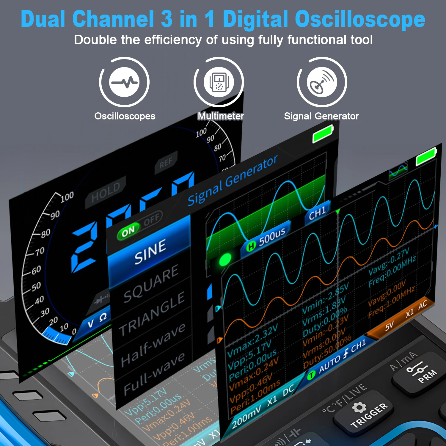 Handheld Oscilloscope & Digital Multimeter, 10MHz Bandwidth, 50MS/s Sampling - Ideal for Automotive DC/AC Testing