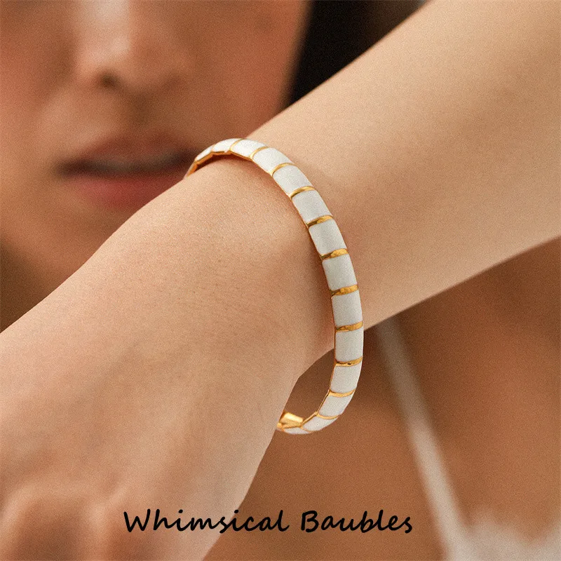 

White Gold Plating Colorful Enamel Bangles Bamboo Stripe Open Cuff Stainless Steel Bracelet for Women