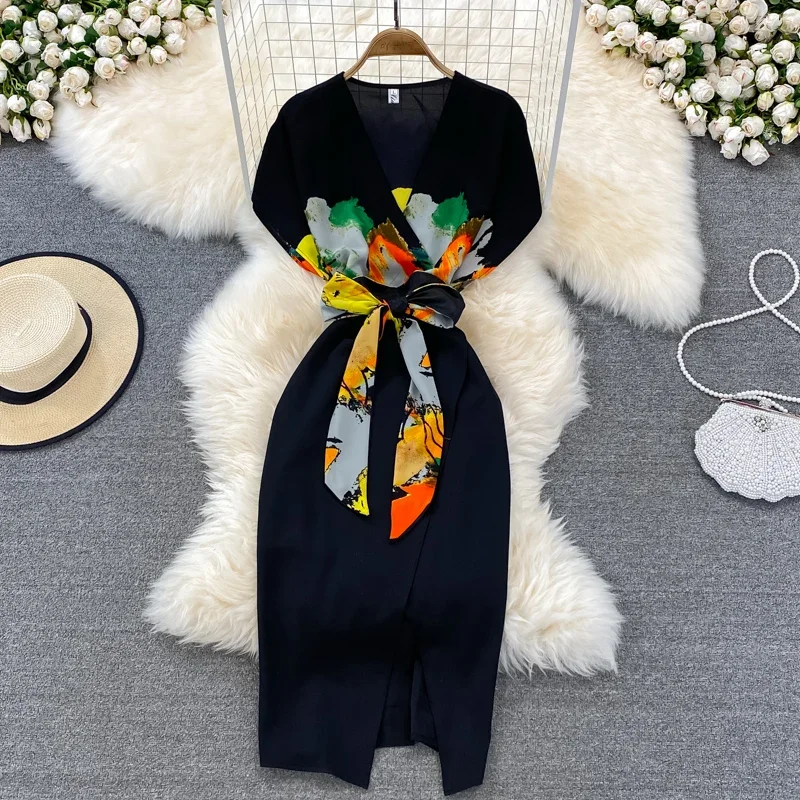 

Spring Summer New Fashion Ladies Dress High-end V-neck Print Waistband Vestidos Mujer Elegant Temperament Split Dresses