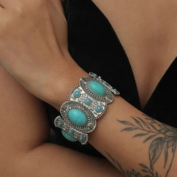 Vintage Boho Imitation Turquoises Elastic Bracelets Bangles for Women Ethnic Carved Silver Color Metal Bracelet Vacation Jewelry