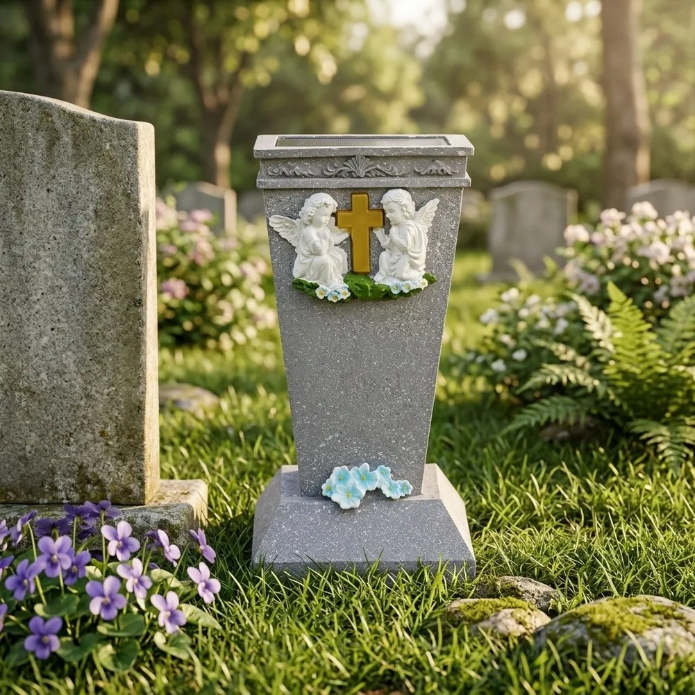 Resin Memorial Grave Vase With Praying Angel And For Cross Design Cemetery Flower Holder For Tombstone Urn Sympathy Decoration