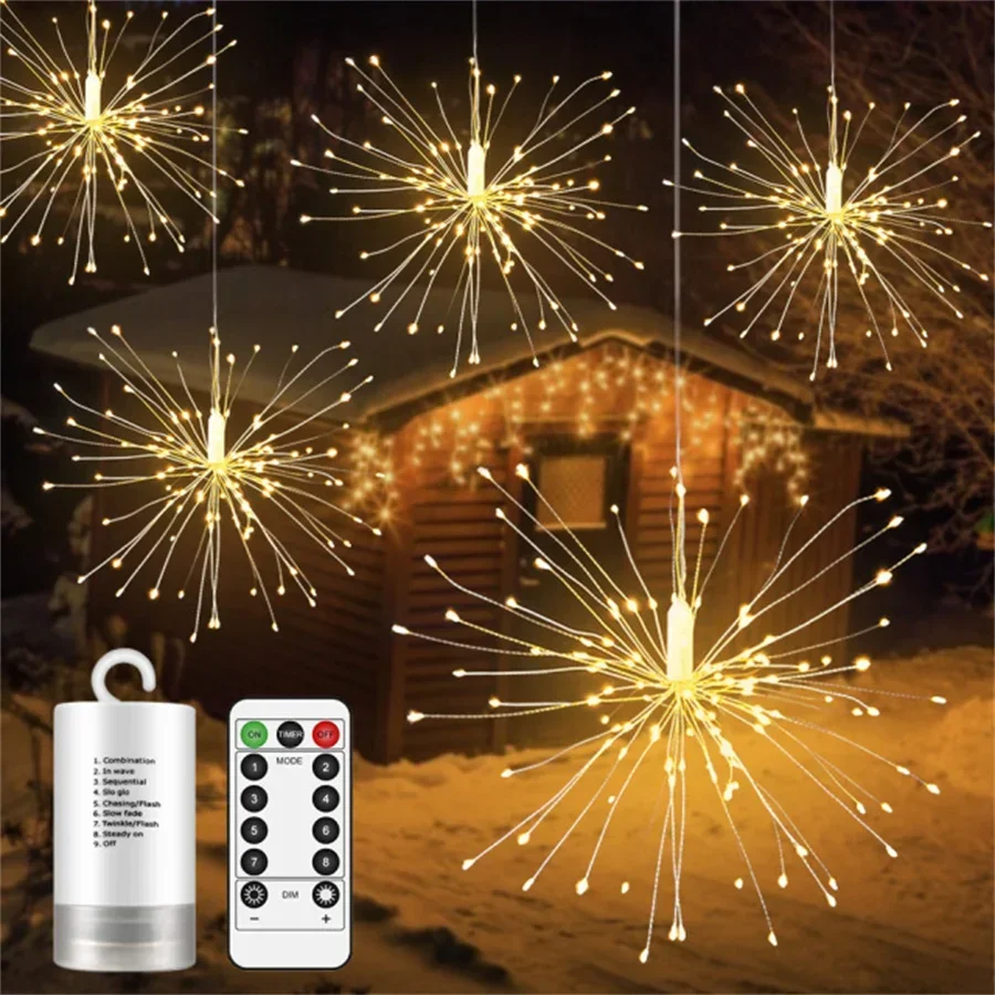 1PC 120/200 LED Firework Light Outdoor Copper Wire Starburst String Light Battery Operated Fairy Garland Light With Remote