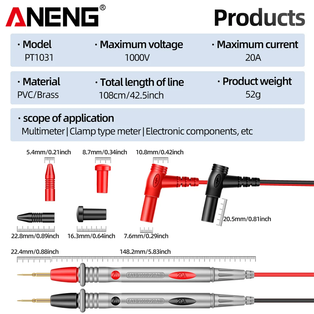 PT1031 20A 금도금 특수 팁 범용 디지털 멀티미터 테스터 1000V 고무 와이어 지연 금박 날카로운 바늘 프로브