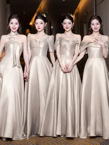 4 Styles Elegant Champagne Bridesmaid Dress Women's Solid Satin Pleated Collar Off Shoulder A-line Wedding Party Guest Vestido
