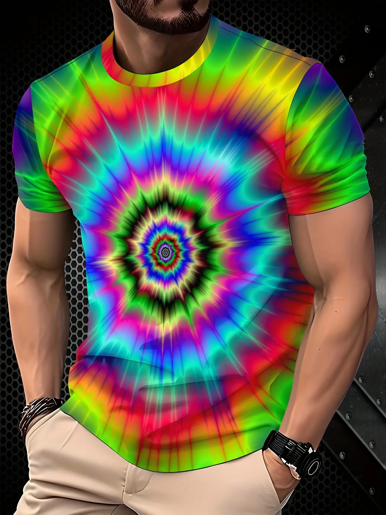 Herren Tie-Dye T-Shirt Regenbogen Spiral Psychedelischer Druck Rundhals Kurzarm Lässiges Hippie Streetwear Oberteil – Detail 2