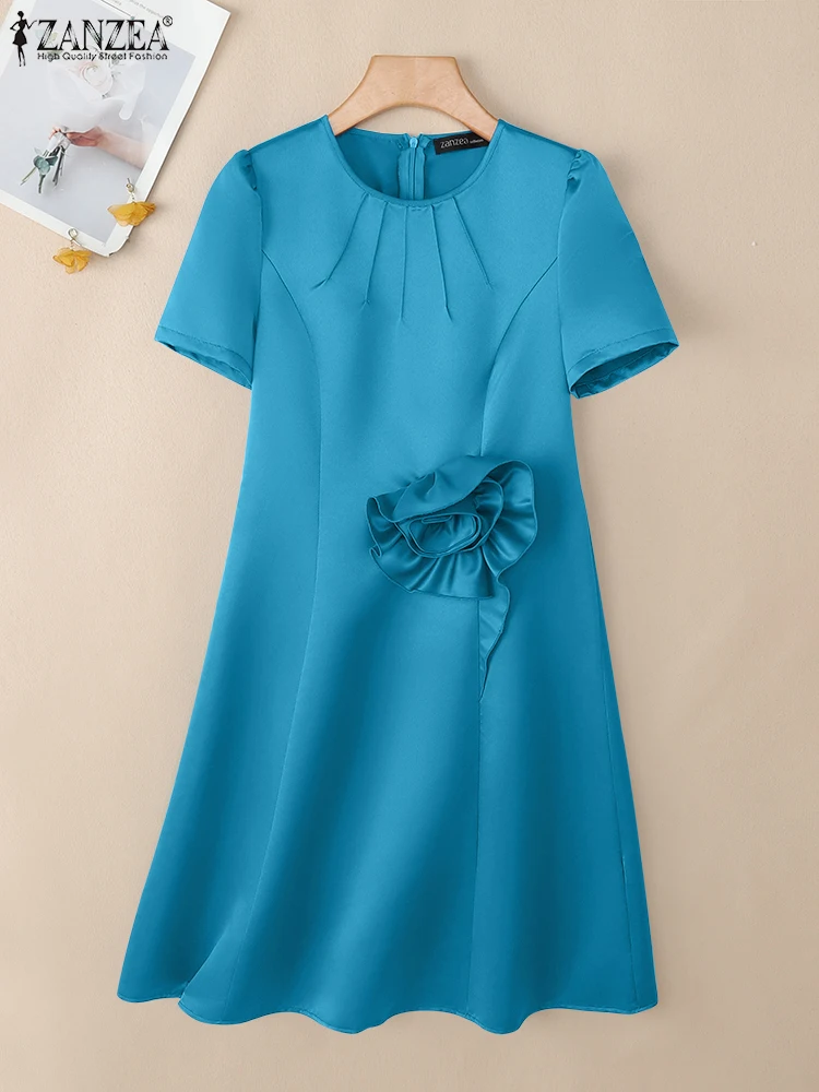 ZANZEA Stylish Fabric Flower Satin Knee-Length Dress Women Elegant Pintuck O-Neck Short Sleeve Fitted Waist A-Line Robes Femme - Image 2