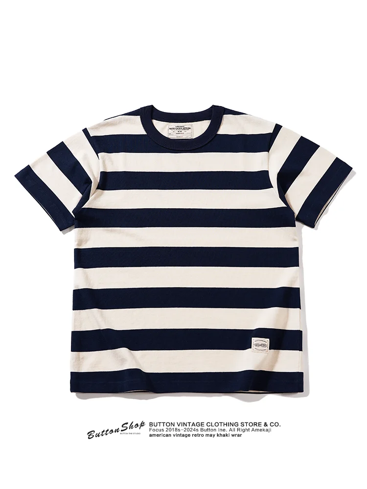 Summer New American Retro Heavyweight Stripe Short-sleeved T-shirt Men\'s Fashion Simple 100% Cotton Washed Casual Sport Tops