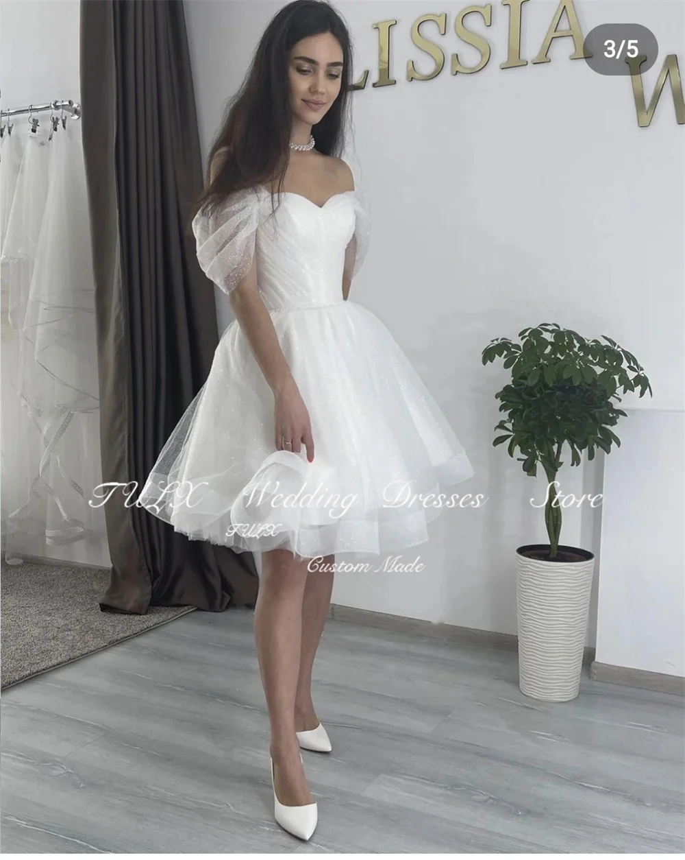 TULX Short Sparkly Sweetheart Wedding Drezs Lace Up Back Off Shoulder Knee Length For Women Customized To Measures Bridal Gowns