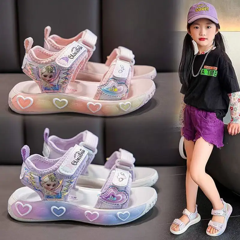 

Summer Kids Girls Sandals Disney Cartoon Frozen Elsa Print Princess Shoes Children Big Girl Student Soft Sport Beach Shoes 26-37