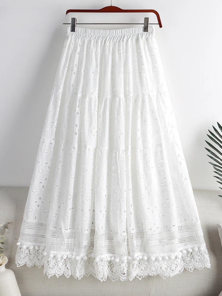 

Vintage Women's Lace Crochet Umbrella Long Skirts 2024 Bohemian High Waist Hollow Out Female Maxi Skirts Spring Summer