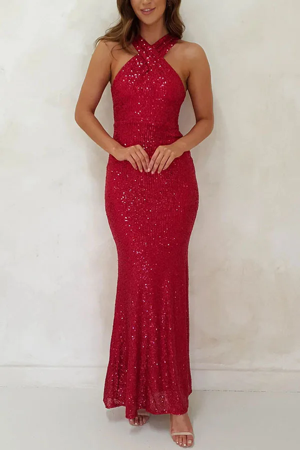 

Sexy Bodycon Long Sequins Party Dresses Women 2024 Summer Fashion Sleeveless Off Shoulder Backless Halter Evening Dress Casual