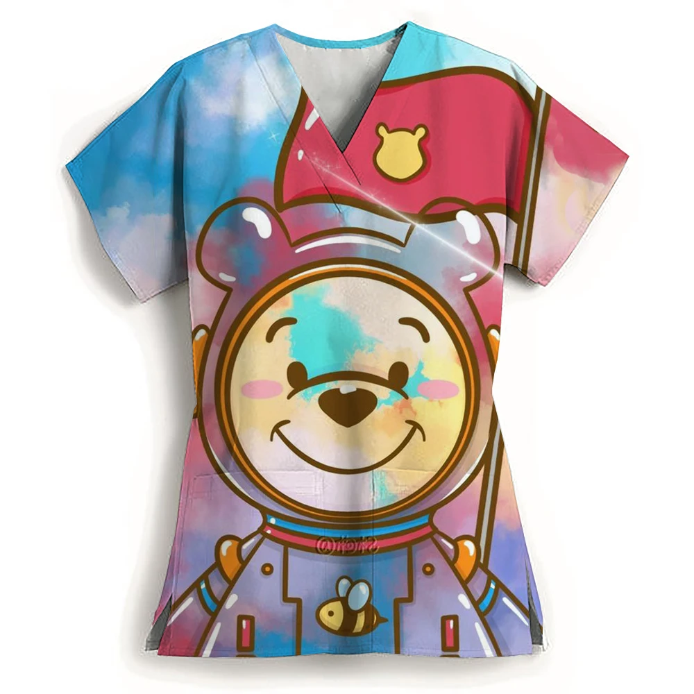 Women's Shirts Women's Nurse Uniform T-Shirt Woman Clothes Disney Cute Winnie Pooh Tops Anime V Neck New Pocket Hospital S-3XL