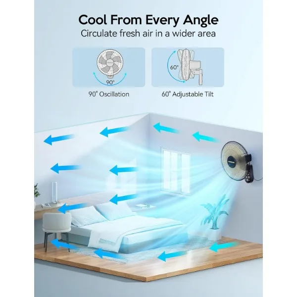 مروحة مثبتة على الحائط VAGKRI مع مروحة عن بعد هادئة ، 5 شفرات ، 5 سرعات ، مؤقت 8 ساعات ، 90 درجة تتأرجح ، 16 بوصة