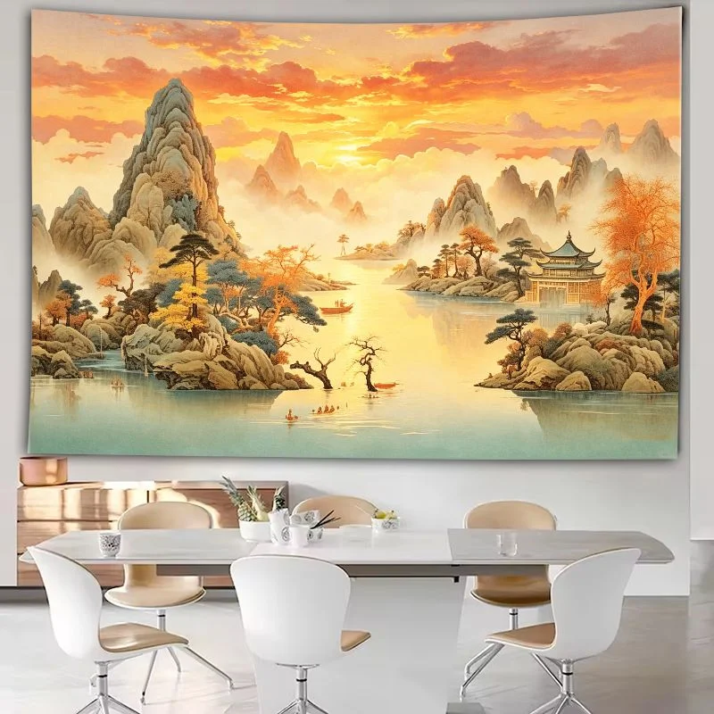 VIKAMA Sunset Landscape Tapestry: Zen-inspired wall decoration for living rooms, tea rooms and bedrooms in the New Chinese style
