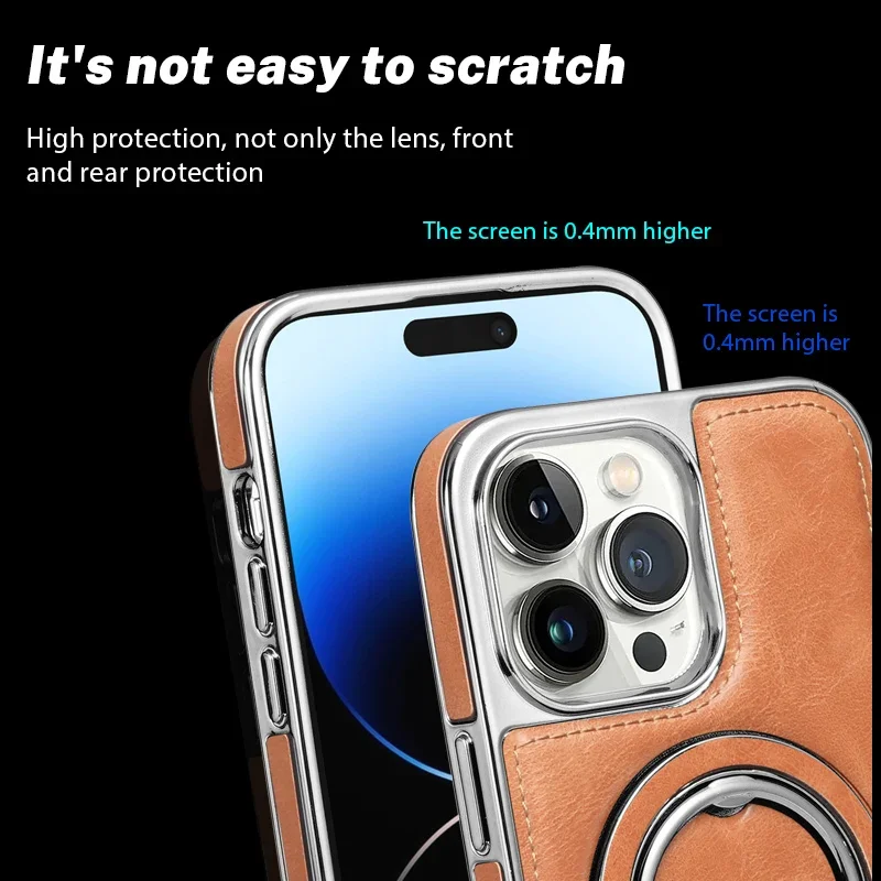 Electroplated Frame Invisible Ring Holder Stand Cover For iPhone 15 14 Pro Max 13 Business Vintage PU Leather Back Magsafe Case
