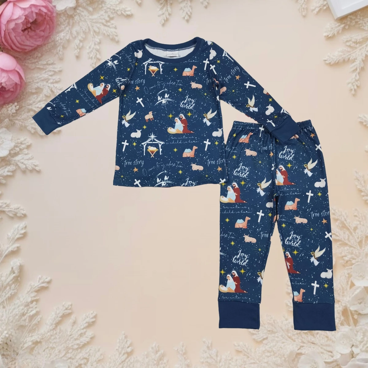 

Hot Sale Christmas Pajamas Set Toddler Boy Clothes Nativity Print Cute Long Sleeve Tops Pant Outfit Baby Kids Winter Sleepwear