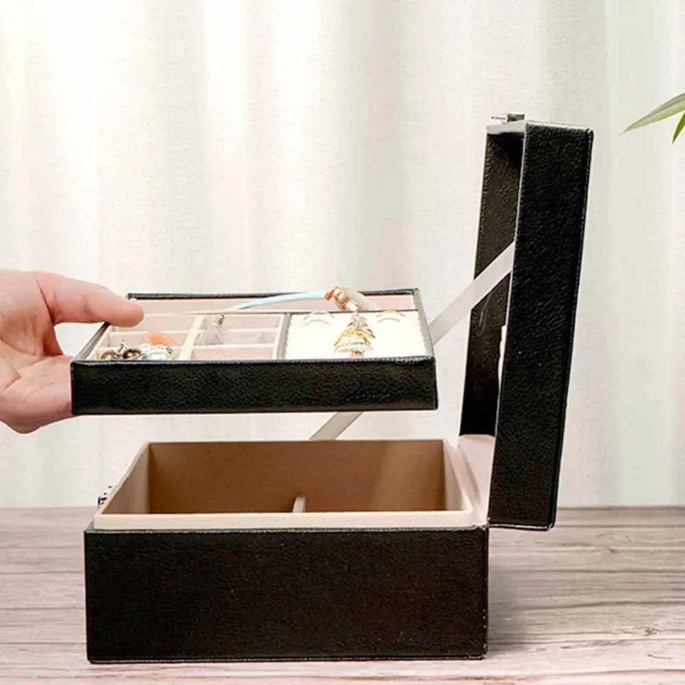 2 Layer Double-layer Jewelry Box with Lock PU Leather Necklace Earring Box Dustproof Large Capacity Leather Jewelry Organizer