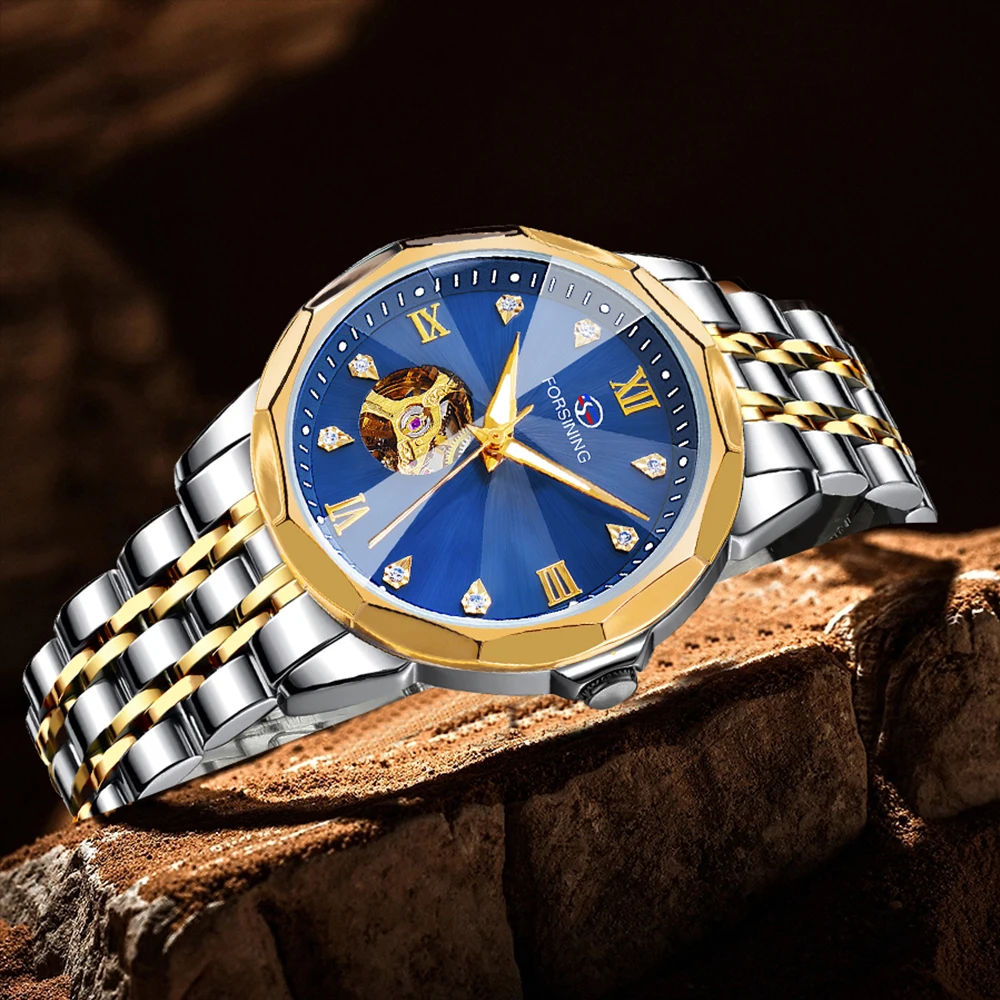 Forsining Hollow Business Men's Automatic Mechanical Skeleton Watch Diamond Polygonal Case Luminous Hands Wristwatches Man Gifts