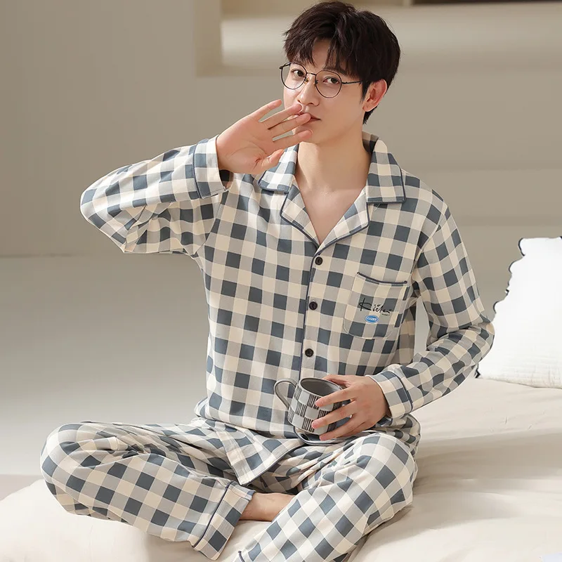 Autumn Winter Men's 100% Pure Cotton Pajamas Lapel Long Sleeve Plaid Cardigan Pants Oversized Comfortable Casual Home Clothing