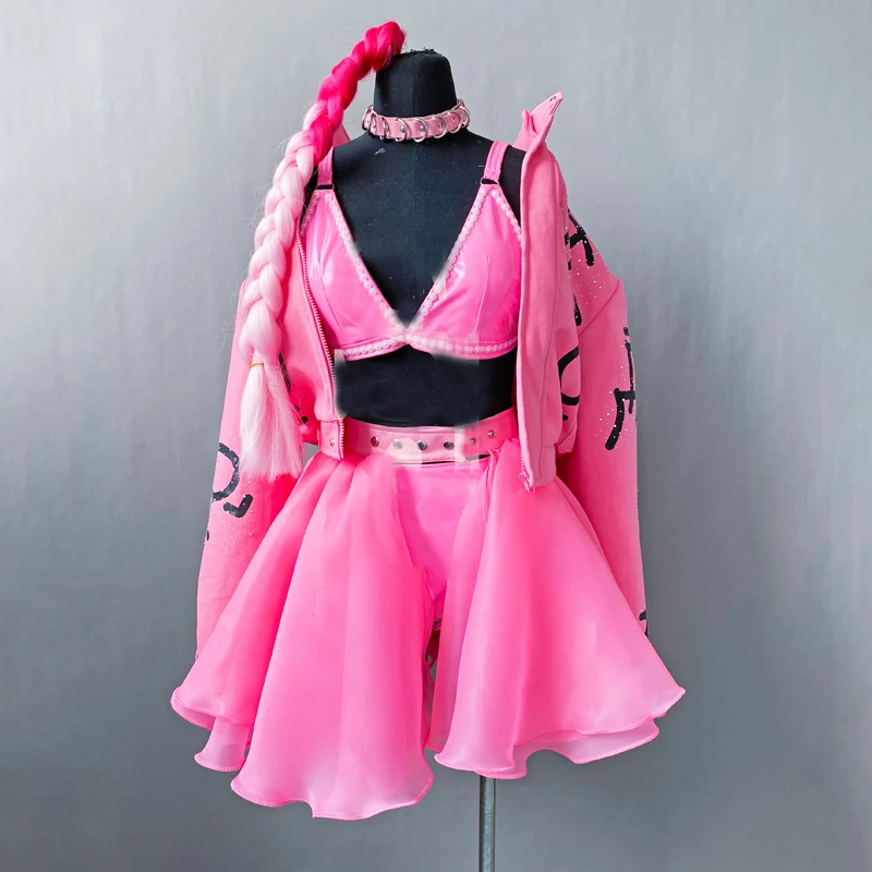 Nightclub Bar DJ DS Jazz Dance Costume Women Pink Bra Skirt Men Hiphop Overalls Stage Performance Wear Rave Outfits XS5024