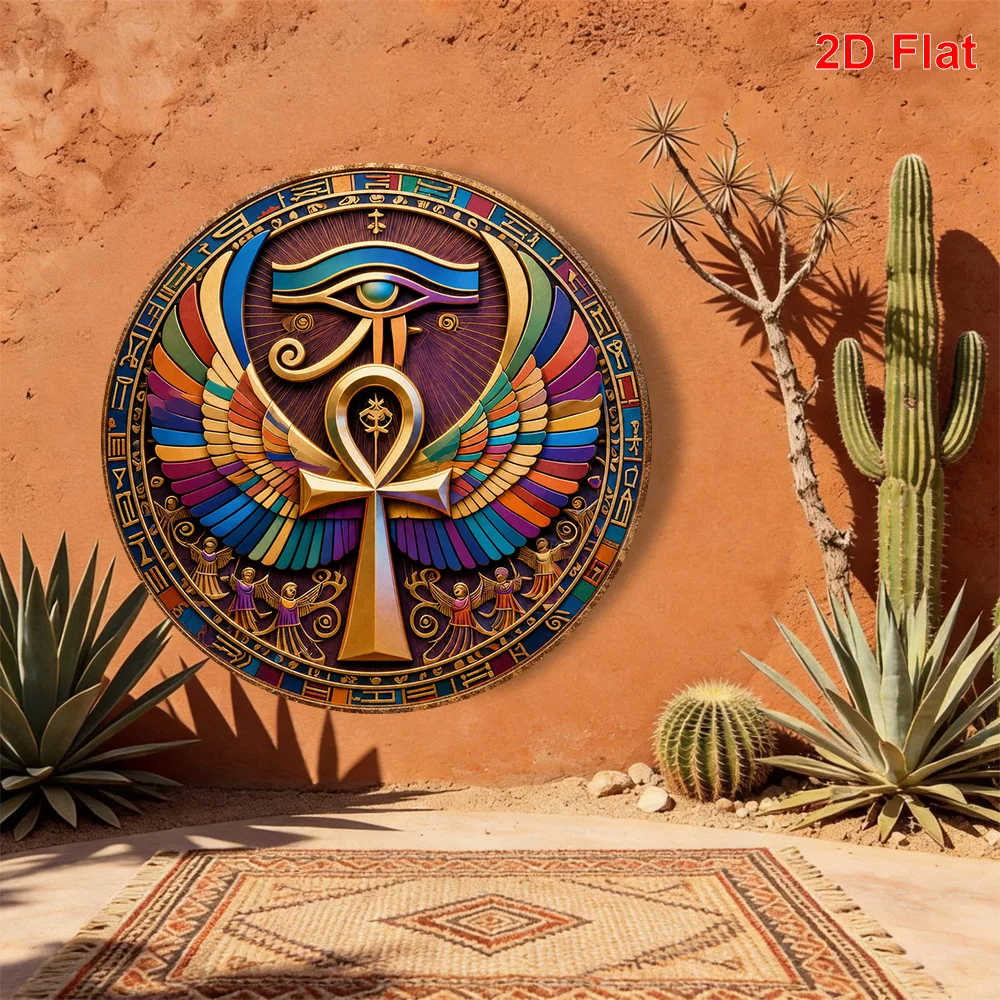 2D Flat Egyptian Eye of Horus Ankh Cross Pattern Metal Skin Plaque Round Decorative Painting, Size (7.87 Inches X 7.87 Inches /