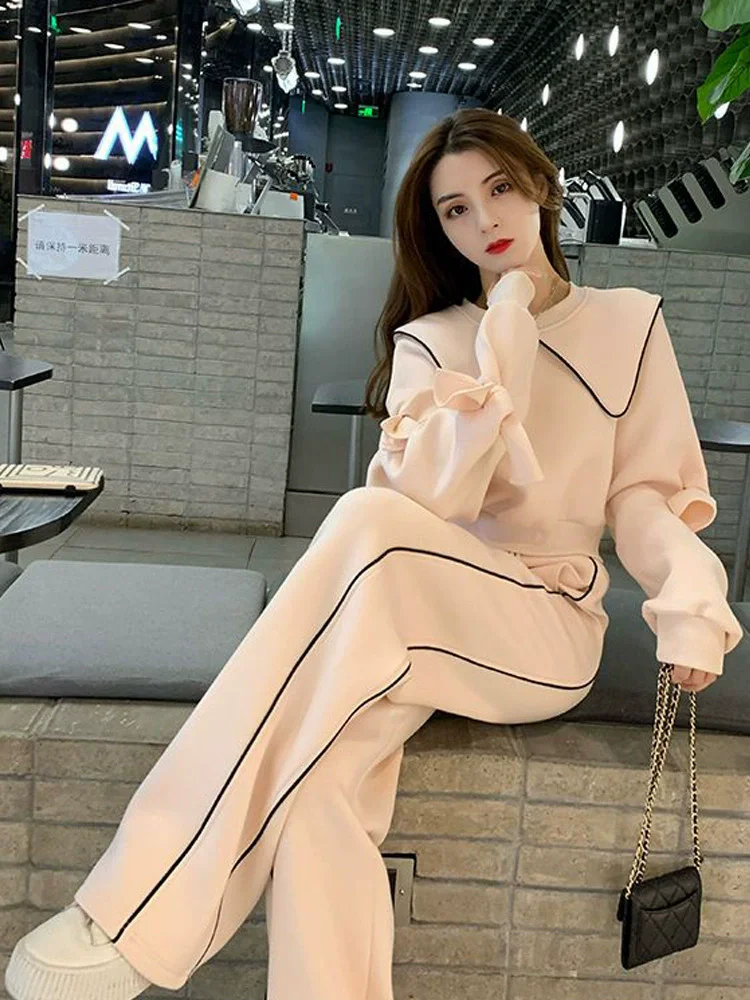 ผู้หญิงสบายๆลาย 2 ชิ้นชุดเอวสูงแฟชั่น Baggy ขากว้าง Conjuntos ตรงหลวมเกาหลี Lace Up กางเกง Ensembles