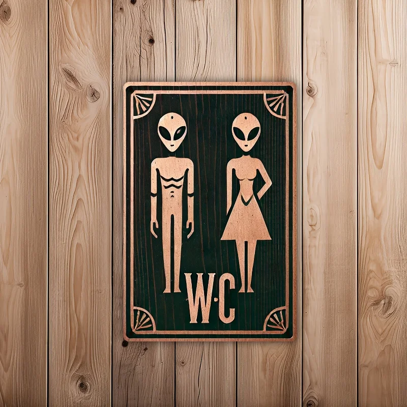 Retro drewniana tabliczka z motywem toalety w stylu kosmitów, idealna do użytku domowego. — zdjęcie 4