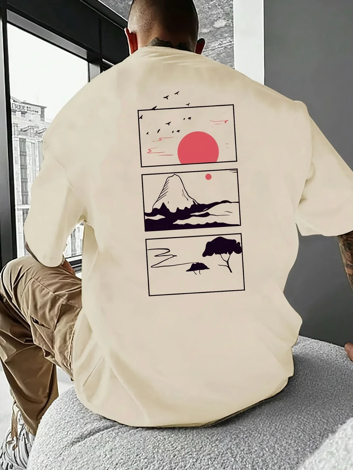 Japanese Mount Fuji Sunrise Men's T-shirt Landscape Pattern Large Cotton Short Sleeve Top Summer Street Wear