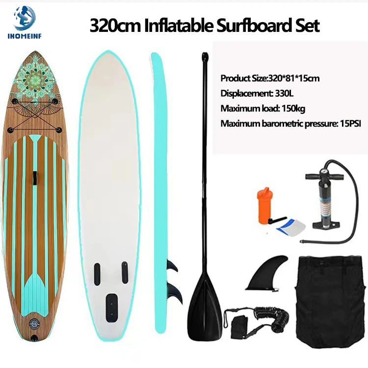 New 320cm Surfing Board Water Sports Inflatable Stand-Up Surfboard Set with Surf Fin Leash Inflator Pump Carry Bag