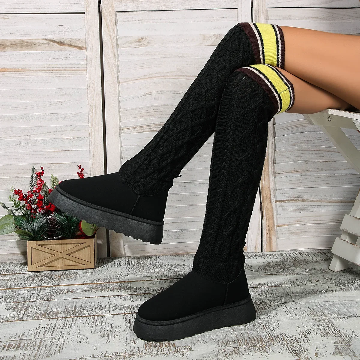 2024 New Thick Sole Knitted Long Boots for Women Fashion Elastic Over Knee Socks Boots Round Toe Plus Size 44 Botas De Mujer