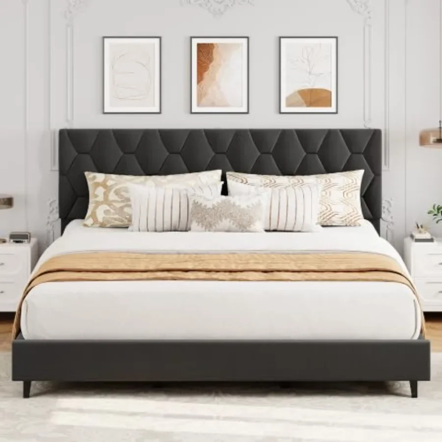 California bed frame for bedroom use, upholstered fabric headboard in gray, heavy-duty wood slats, noise-free, easy assembly, n
