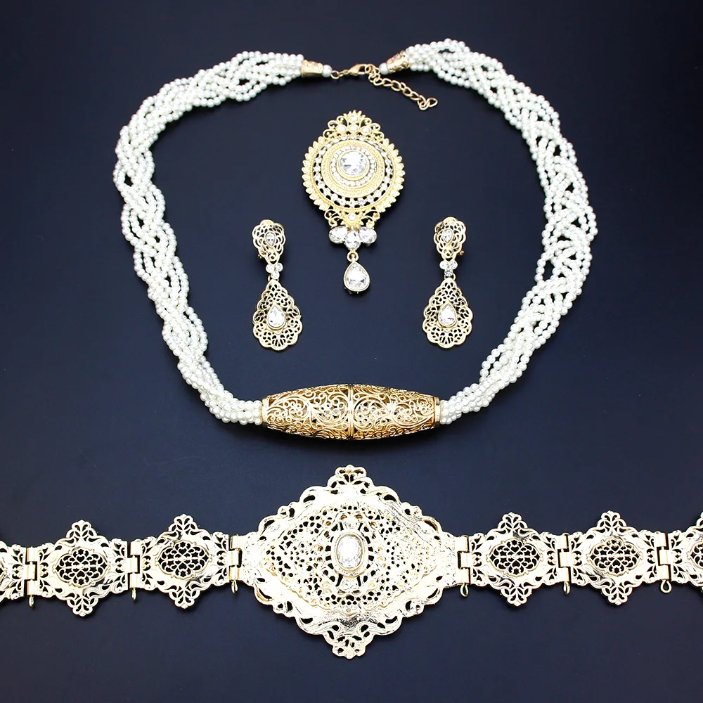 Sunspicems Chic Morocco Bride Jewelry Sets Women Caftan Belt Beads Choker Necklace Crystal Brooch Drop Earring Algeria Bijoux