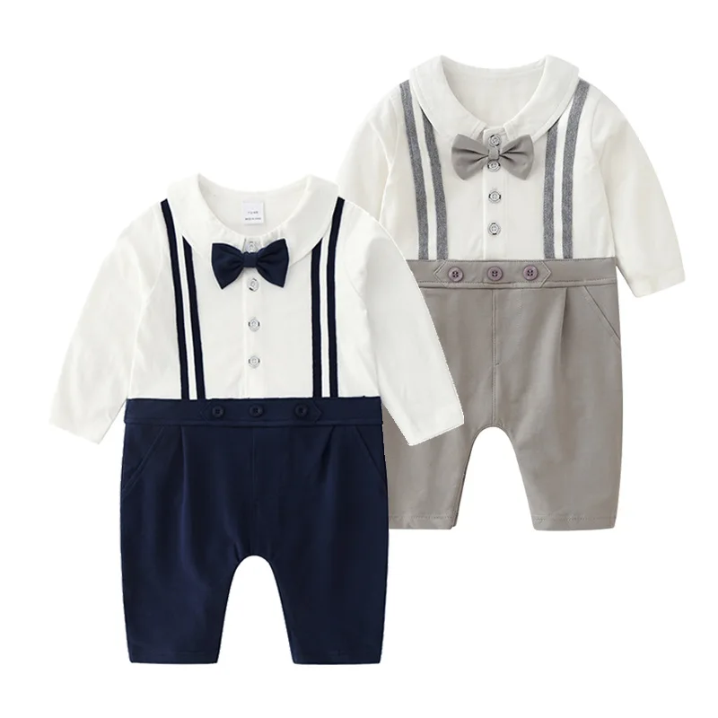 Spring Autumn Baby Crawler Clothing Gentleman Handsome Fake Strap Infant Boys Jumpsuit Cotton Spliced Newborn Boys Rompers