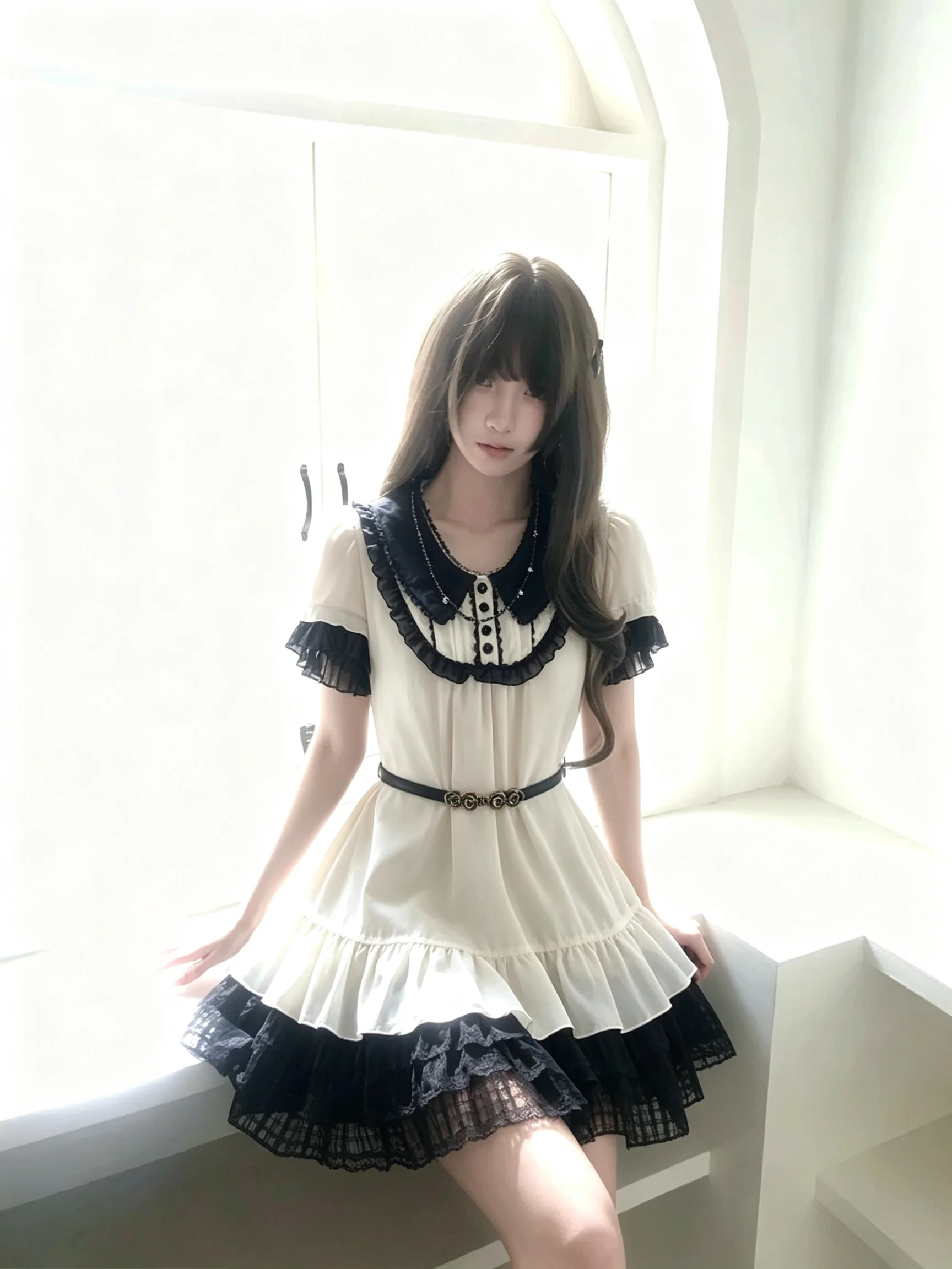 Vintage Sweet Gothic Zweiteiliges Outfit Kurzarm-Chiffon-Top + gestufter Spitzen-Minirock Damen Japanische Y2k Harajuku Ästhetik