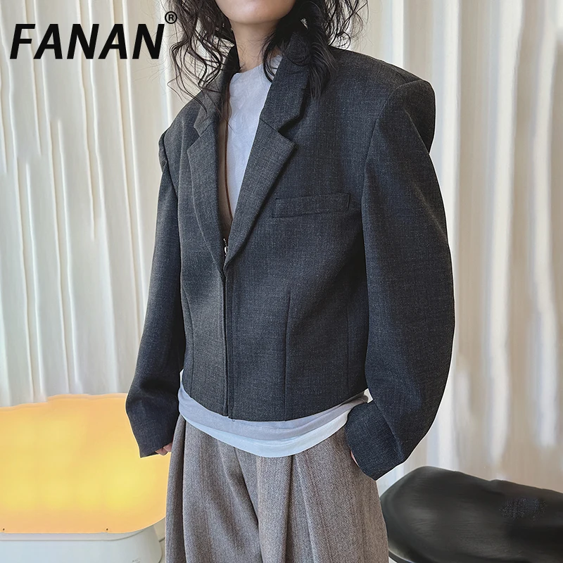 

FANAN Zipper Design Short Blazers For Women Notched Long Sleeve Office Lady Temperament Jackets Fashion Tops 2026 Spring New