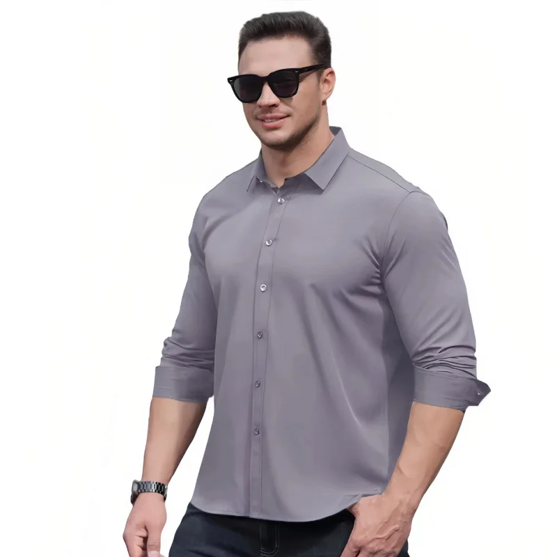 

Plus Size Men's Elastic Natural Color Button Long Sleeve Shirt Men's Top