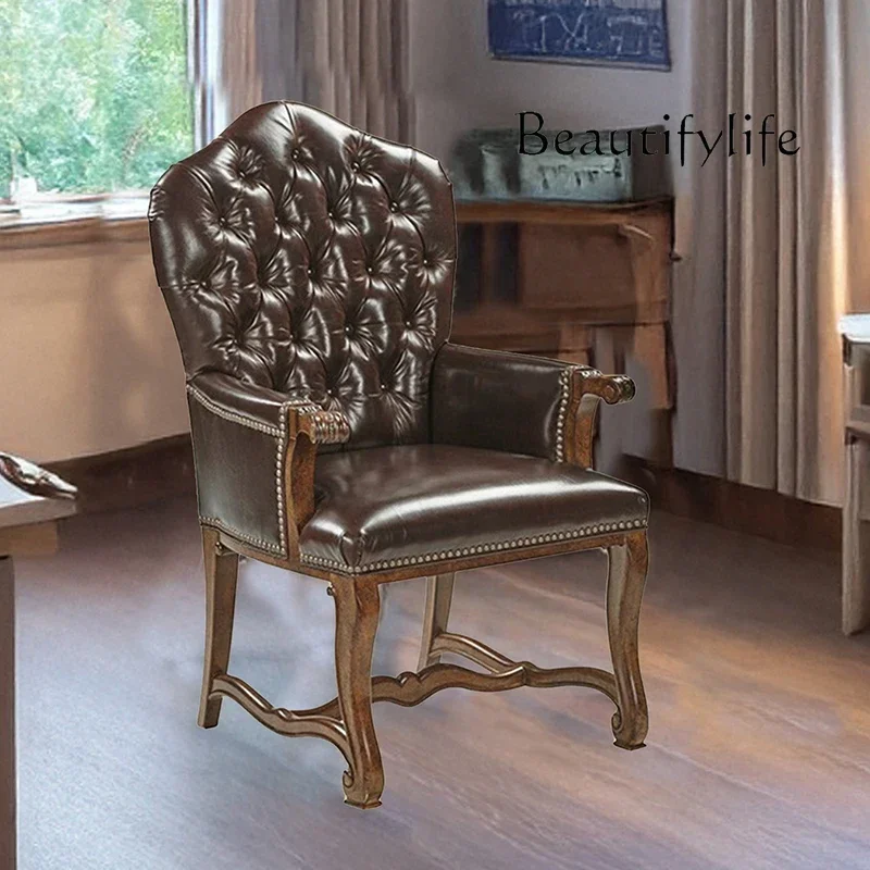 T10 Computer Armchair Leather Casual Simple Soft Bag Club Cafe American Retro Old Solid Wood Chair