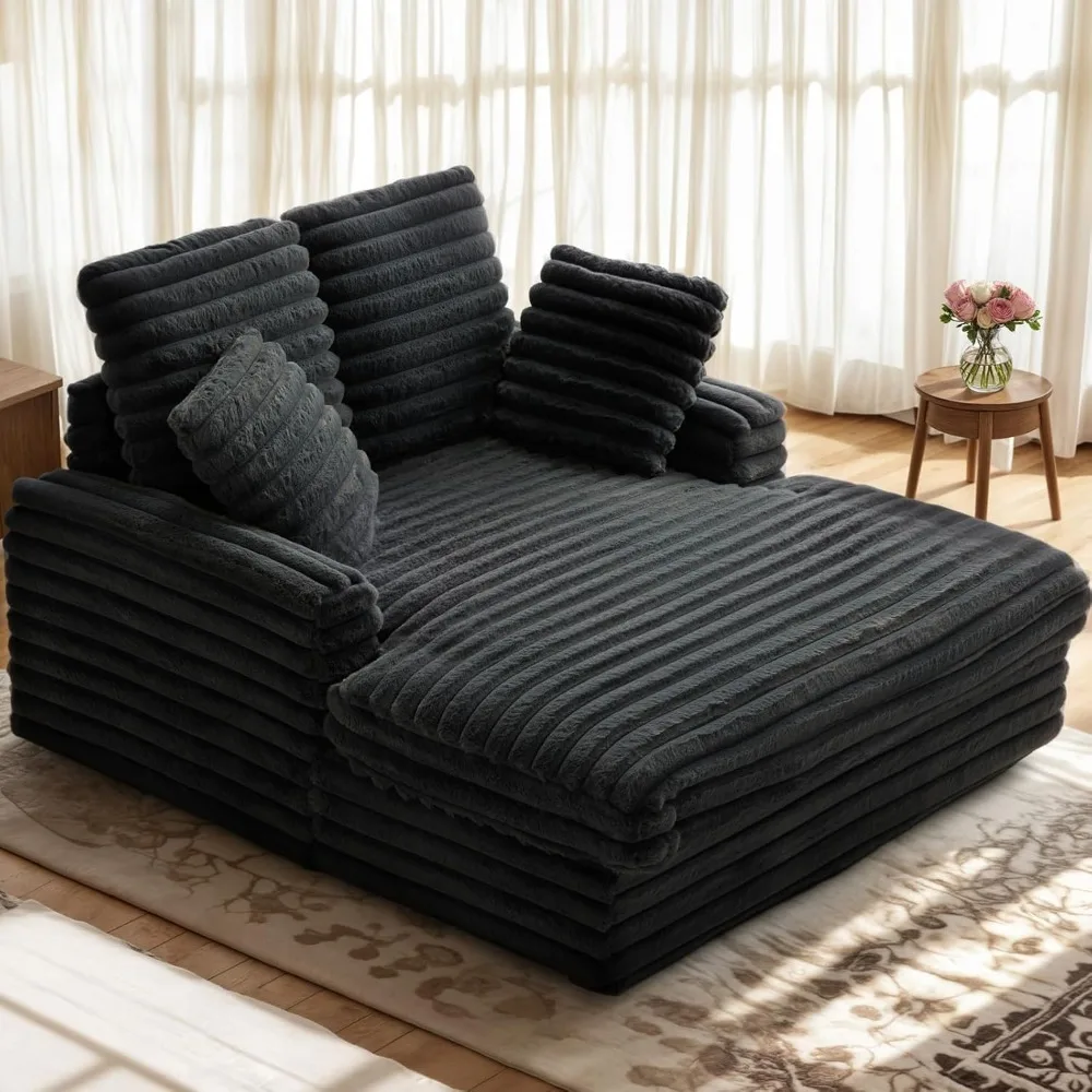 Oversized Chaise Lounge Chair, Fluffy Cozy Sleep Couch with 4 Striped Faux Fur Throw Pillow, Modern ‌Full Size Chair Bed