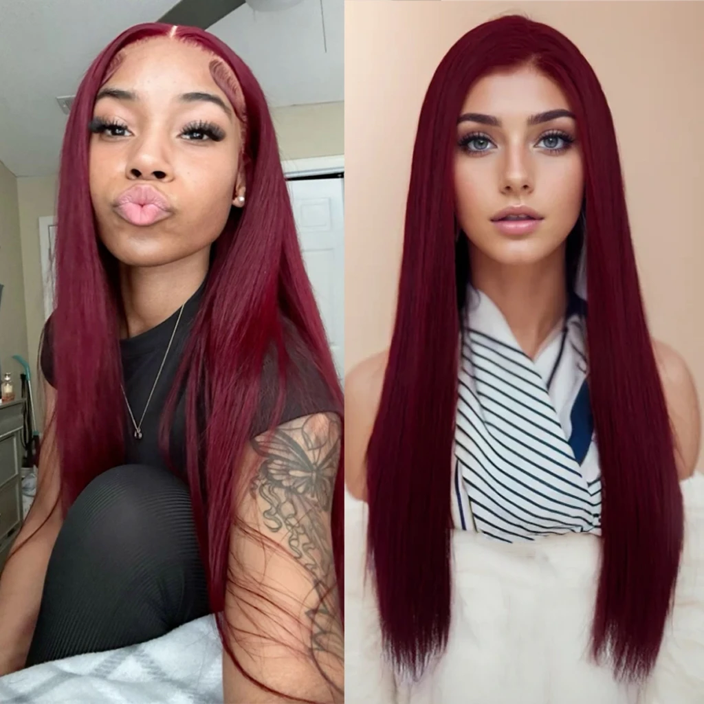 Wine Red Wig Synthetic Glueless Lace Wig For Women Natural Hairline Front Lace Wig Burgundy Long Silk Straight Hair Cosplay Wear