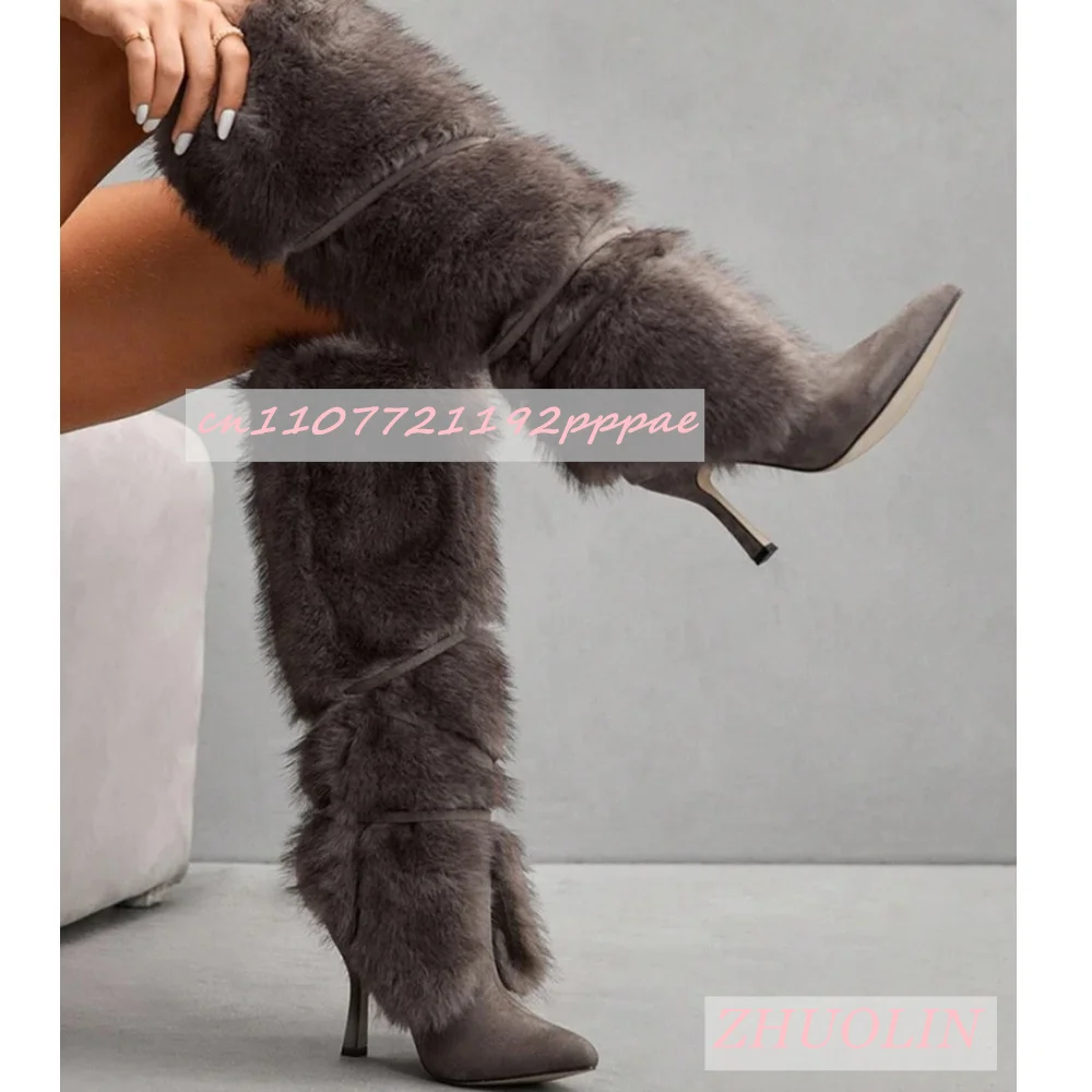 

Зимние серые сапоги до колена на меху, модные вечерние сапоги на среднем каблуке с острым носком, модные теплые подиумные сапоги на высоком каблуке для женщин, 46