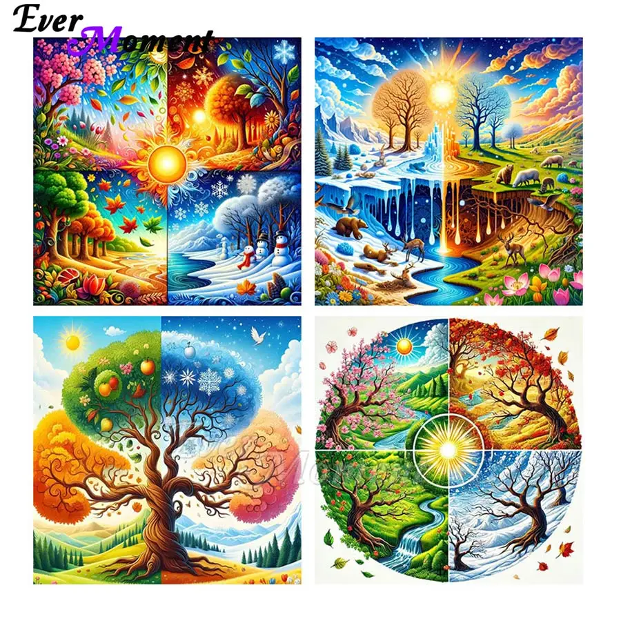 

Ever Moment AB Diamond Embroidery Painting 4 Seasons Colorful Tree Landscape Resin Drills Home DIY Gift ASF2941