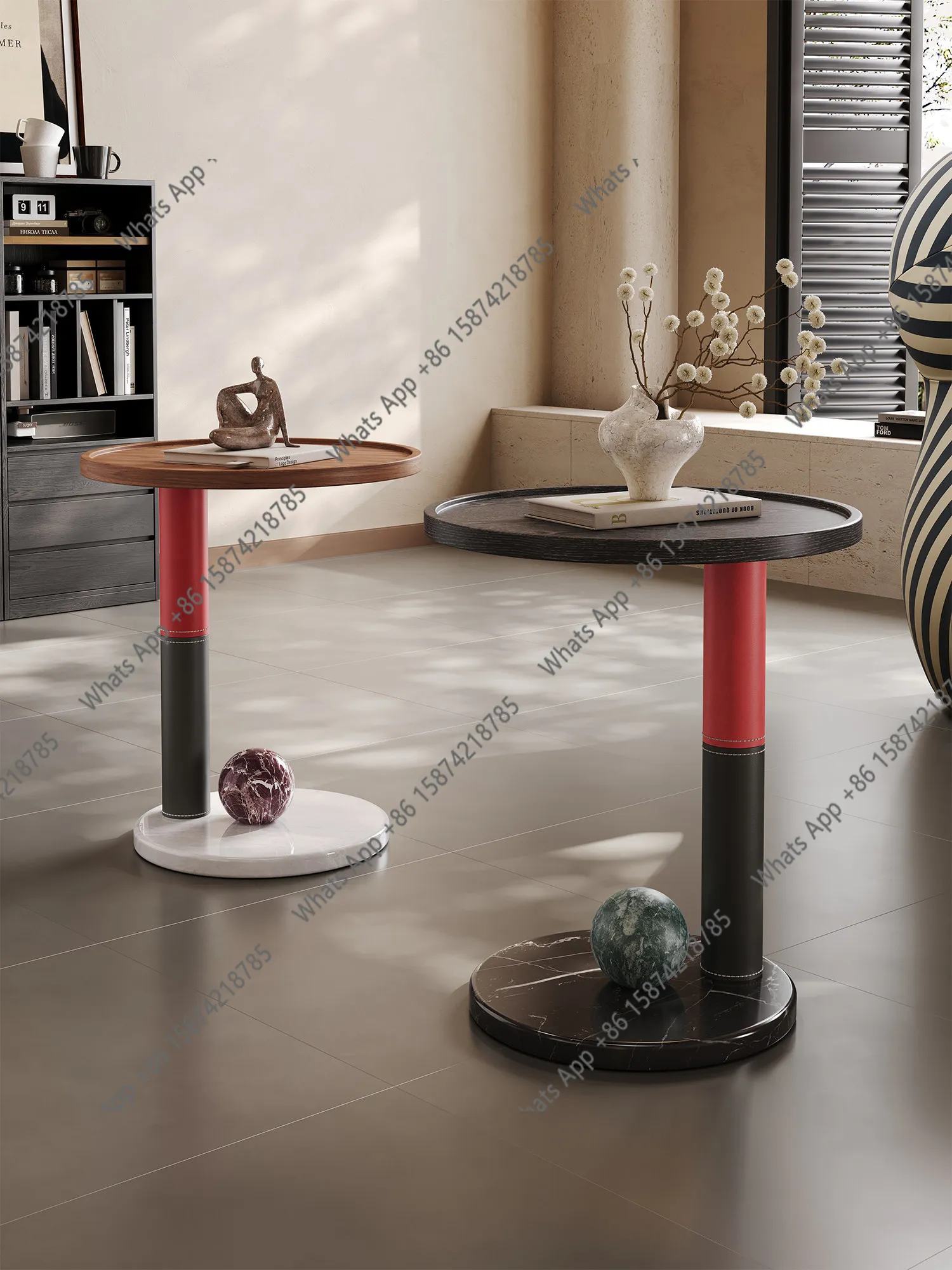 

Italian minimalist sofa side table, round solid wood, high-end luxury balcony, marble saddle leather lounge table