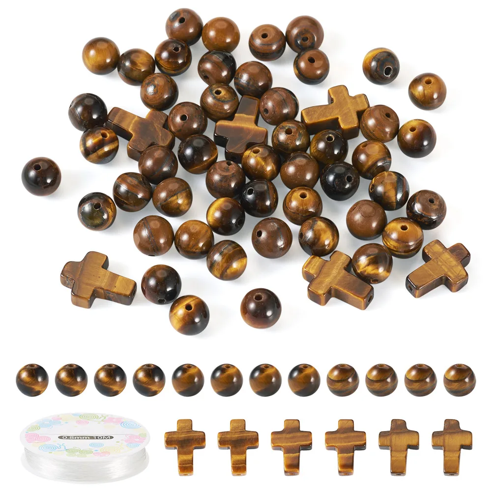 1 Set Natural Tiger Eye Round Spacer Beads Cross Beads with Elastic Crystal Thread for Beaded Bracelet Necklace Keychain Making